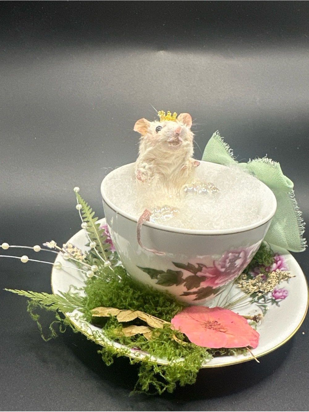 Miniature Real Mouse in Floral Teacup - Pink and White OOAK
